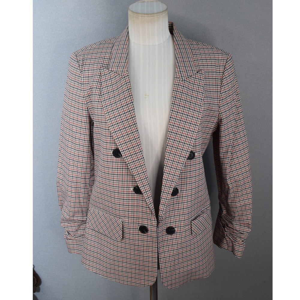 1.STATE Blazer S Plaid Double Breasted Ruched Sleeve Womens Office Career Jacket